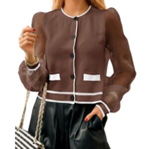 Saodimallsu Coffee Sheer Mesh Puff Sleeve Cardigan Sz XL Women